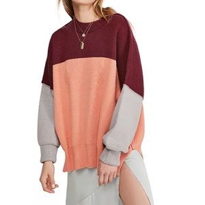 Free People Colorblock Oversized Sweater - Burgundy, Peach, Light Gray
